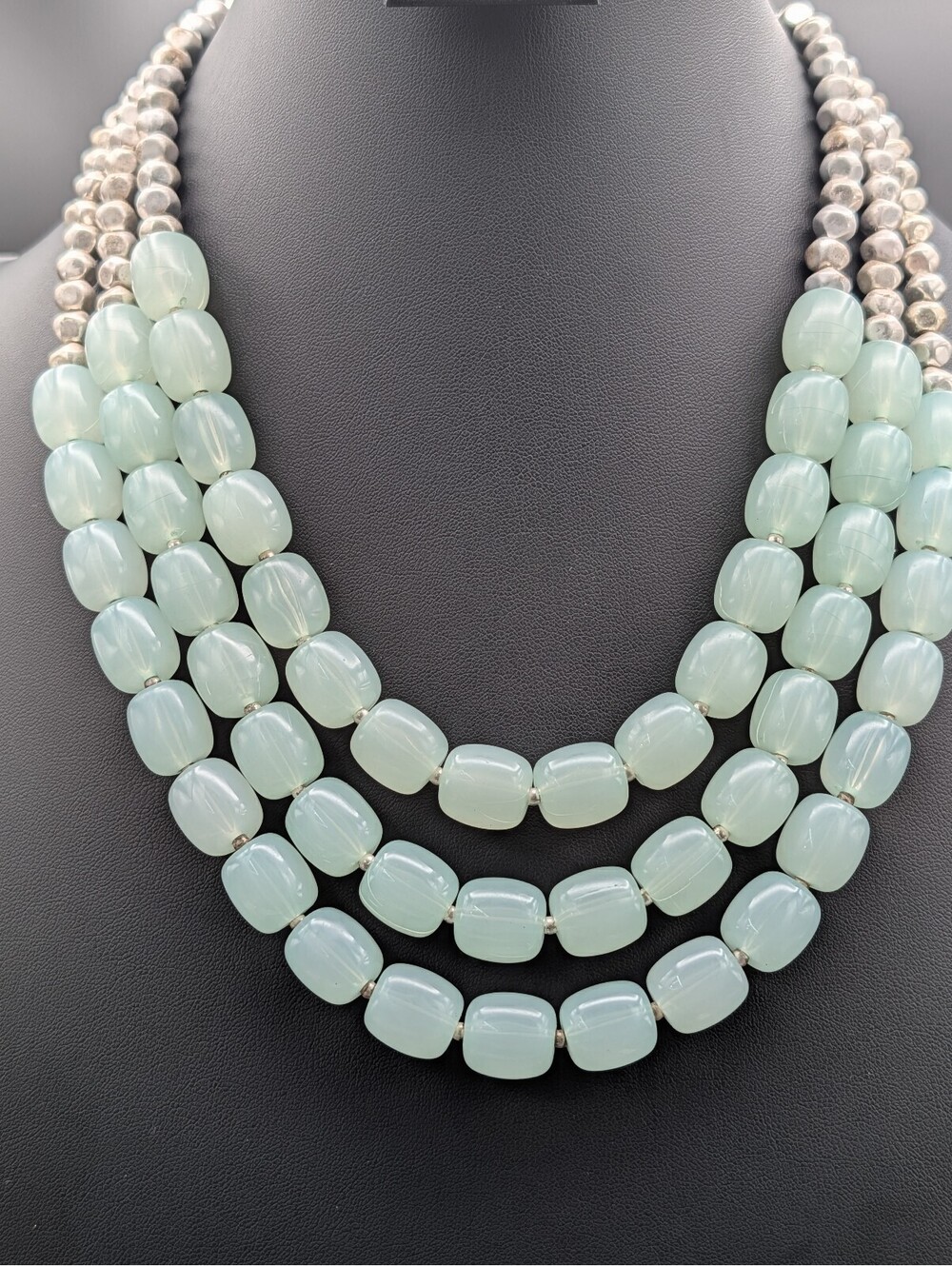 Chunky Vintage 3 Strand Light Seafoam Green Acrylic Bead & Silver Necklace